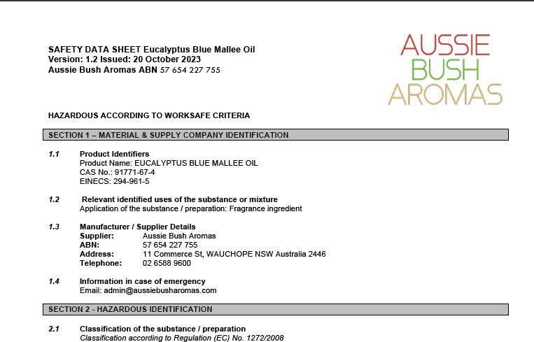 Blue Mallee Safety Data Sheet - Free Download - Aussie Bush Aromas