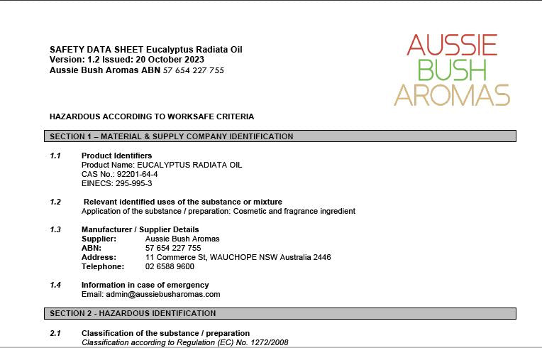 Eucalyptus Australiana Safety Data Sheet - Free Download - Aussie Bush Aromas