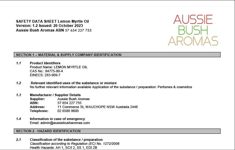 Lemon Myrtle Safety Data Sheet - Free Download - Aussie Bush Aromas