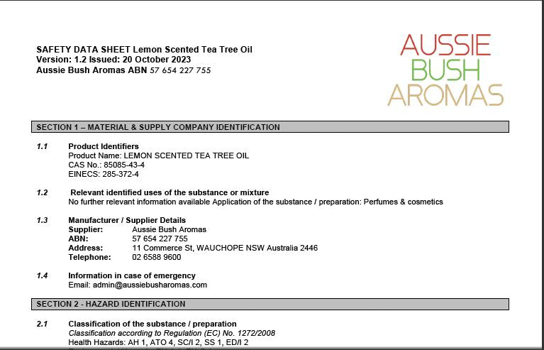 Lemon Tea Tree Safety Data Sheet - Free Download - Aussie Bush Aromas