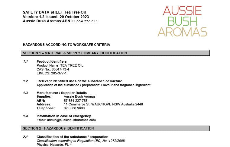 Tea Tree Safety Data Sheet - Free Download - Aussie Bush Aromas