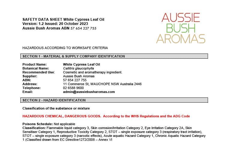 White Cypress Leaf Safety Data Sheet - Free Download - Aussie Bush Aromas